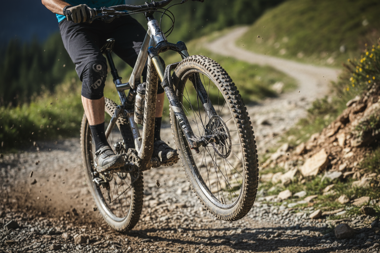 帮我生成一张山地自行车越野特写图